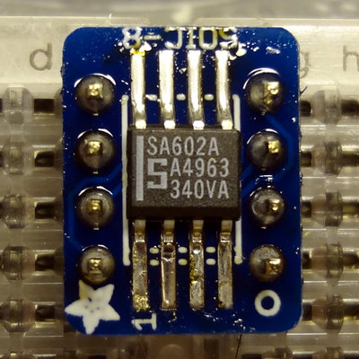 SA602 soldered onto an Adafruit SOIC-8 breakout board