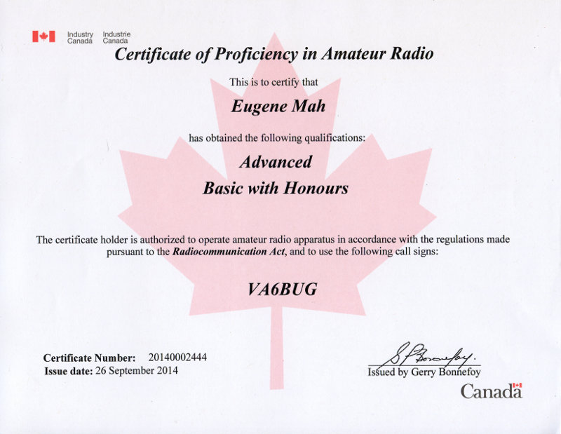 Canadian amateur radio certificate VA6BUG