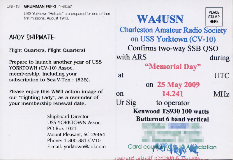 WA4USN QSL Card (Back)