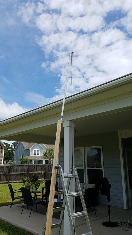2m quarter wave ground plane antenna mounted on a makeshift mast.