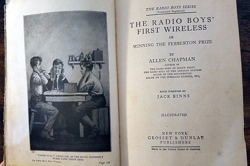 Title page and illustration from The Radio Boys' First Wireless.