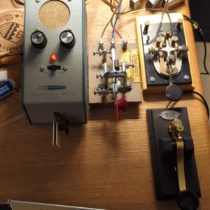 Morse code keys and bug connected to a Heathkit HD-10 electronic keyer