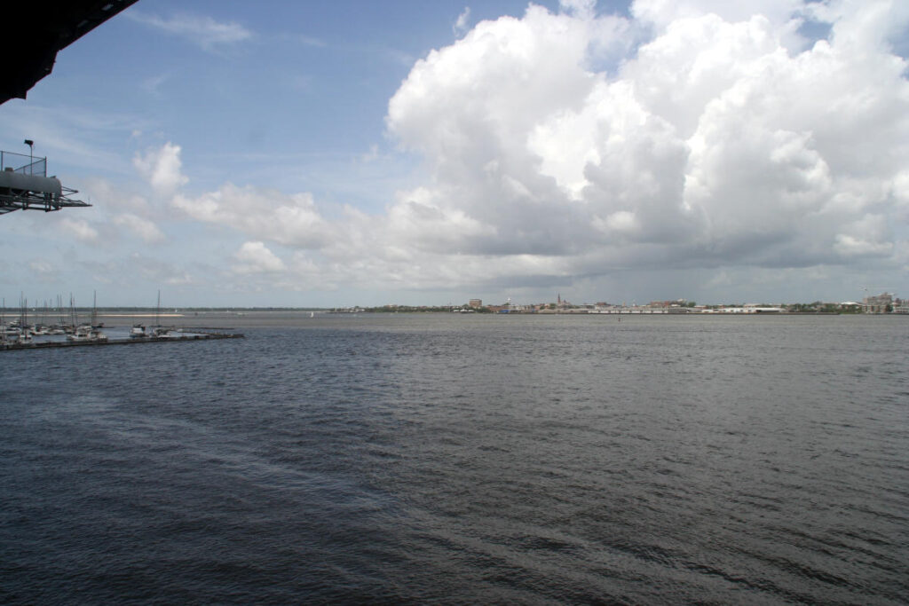 A view of the Charleston peninsula and Charleston harbour from the USS Yorktown hangar deck