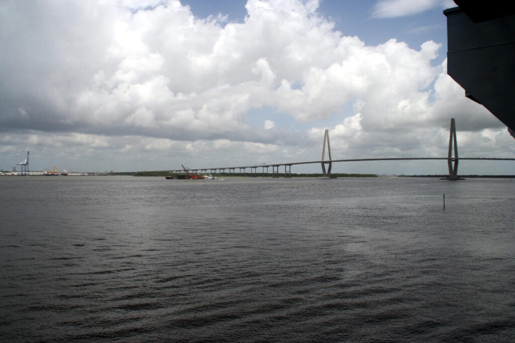 A view of the Ravenel bridge and the Charleston harbour from the hangar deck of the USS Yorktown