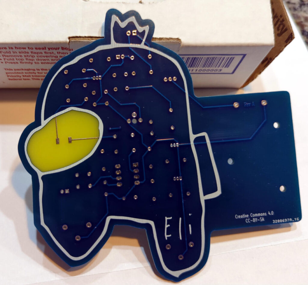 Printed circuit board in the shape of a character from the video game Among Us