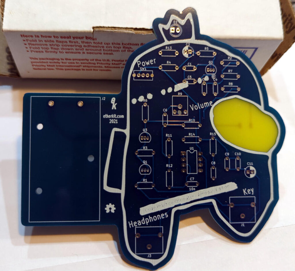 Printed circuit board in the shape of a character from the video game Among Us